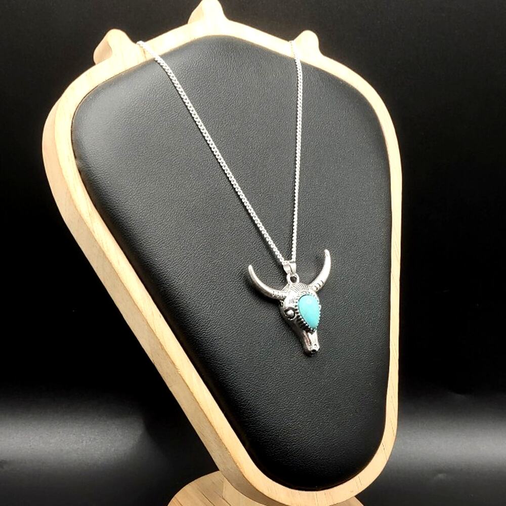 925 Silver Necklace w/ Turquoise Cow Notches Horns Pendant Women Boho Gift